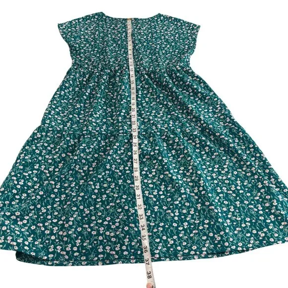 Emery Rose Teal Green Cottagecore Floral Midi Bohemian Dress W/ Short Sleeves M - Picture 9 of 9